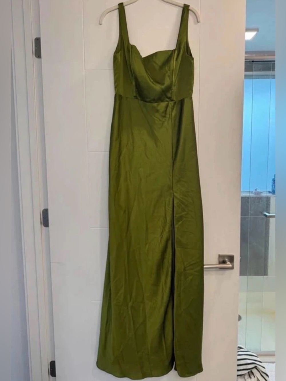 Birdy Grey Olive Satin Maxi Dress with Front Slit
